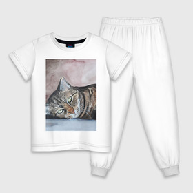 Детская пижама хлопок с принтом Барсик в Екатеринбурге, 100% хлопок |  брюки и футболка прямого кроя, без карманов, на брюках мягкая резинка на поясе и по низу штанин
 | полосатый кот. рисунок акварелью