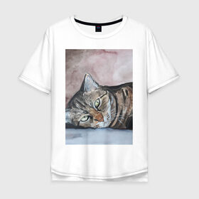 Мужская футболка хлопок Oversize с принтом Барсик в Екатеринбурге, 100% хлопок | свободный крой, круглый ворот, “спинка” длиннее передней части | полосатый кот. рисунок акварелью