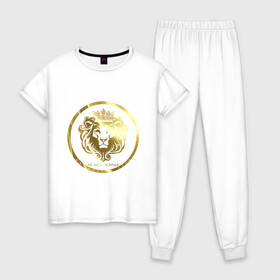 Женская пижама хлопок с принтом Golden lion в Екатеринбурге, 100% хлопок | брюки и футболка прямого кроя, без карманов, на брюках мягкая резинка на поясе и по низу штанин | власть | дорого | золото | король | корона | лев | царь