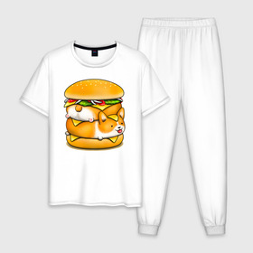 Мужская пижама хлопок с принтом Корги в Екатеринбурге, 100% хлопок | брюки и футболка прямого кроя, без карманов, на брюках мягкая резинка на поясе и по низу штанин
 | art | burger | chees | corgi | dog | арт | бургер | еда | корги | миска | собака | сыр | чизбургер