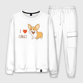 Мужской костюм хлопок с принтом I LOVE CORGI в Екатеринбурге, 100% хлопок | на свитшоте круглая горловина, мягкая резинка по низу. Брюки заужены к низу, на них два вида карманов: два “обычных” по бокам и два объемных, с клапанами, расположенные ниже линии бедра. Брюки с мягкой трикотажной резинкой на поясе и по низу штанин. В поясе для дополнительного комфорта — широкие завязки | animals | corgi | dogs | pets | puppies | queen | животные | корги | королева | песики | питомцы | собаки | щенки