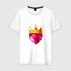 Мужская футболка хлопок с принтом Сердце с короной в Екатеринбурге, 100% хлопок | прямой крой, круглый вырез горловины, длина до линии бедер, слегка спущенное плечо. | блеск | золото | корона | розовый | рубин | сердце