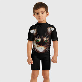 Детский купальный костюм 3D с принтом Зеленоглазый кот в Екатеринбурге, Полиэстер 85%, Спандекс 15% | застежка на молнии на спине | зеленые глаза | кот | котик | кошак | кошатнику | кошатнице | кошачий портрет | кошка | кошка с зелеными глазами | кружка | любительнице ко | любителю кошек | подушка | полосатый кот | портрет кота