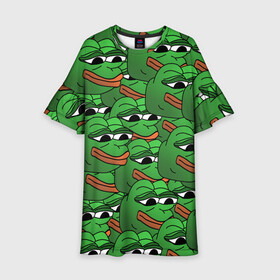Детское платье 3D с принтом Pepe The Frog в Екатеринбурге, 100% полиэстер | прямой силуэт, чуть расширенный к низу. Круглая горловина, на рукавах — воланы | frog | meme | memes | pepe | pepe the frog | грустная жабка | лягушка | лягушонок пепе | мем | мемы