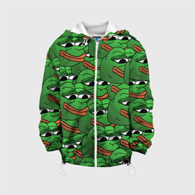Детская куртка 3D с принтом Pepe The Frog в Екатеринбурге, 100% полиэстер | застежка — молния, подол и капюшон оформлены резинкой с фиксаторами, по бокам — два кармана без застежек, один потайной карман на груди, плотность верхнего слоя — 90 г/м2; плотность флисового подклада — 260 г/м2 | frog | meme | memes | pepe | pepe the frog | грустная жабка | лягушка | лягушонок пепе | мем | мемы