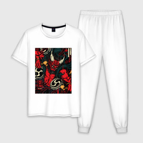 Мужская пижама хлопок с принтом God of thunder в Екатеринбурге, 100% хлопок | брюки и футболка прямого кроя, без карманов, на брюках мягкая резинка на поясе и по низу штанин
 | art | demon | god | japan | monster | shinto | арт | бог | демон | иллюстрация | монстр | япония | японский
