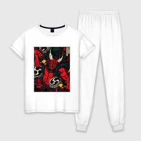 Женская пижама хлопок с принтом God of thunder в Екатеринбурге, 100% хлопок | брюки и футболка прямого кроя, без карманов, на брюках мягкая резинка на поясе и по низу штанин | art | demon | god | japan | monster | shinto | арт | бог | демон | иллюстрация | монстр | япония | японский