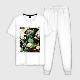 Мужская пижама хлопок с принтом God of wind в Екатеринбурге, 100% хлопок | брюки и футболка прямого кроя, без карманов, на брюках мягкая резинка на поясе и по низу штанин
 | Тематика изображения на принте: art | demon | god | japan | monster | shinto | арт | бог | демон | иллюстрация | монстр | япония | японский