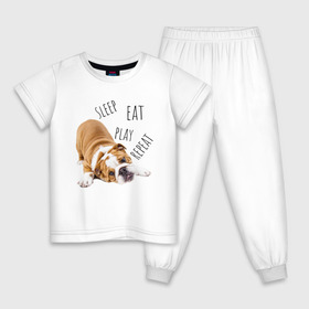 Детская пижама хлопок с принтом Sleep Eat Play Repeat (Бульдог) в Екатеринбурге, 100% хлопок |  брюки и футболка прямого кроя, без карманов, на брюках мягкая резинка на поясе и по низу штанин
 | Тематика изображения на принте: bulldog | dog | puppy | sleep eat play repeat | английский бульдог | бульдог | бульдог английский | веселая собака | веселый щенок | игривый щенок | мысли с | мысли щенка | рыжая собака | рыжий щенок | собачья жизнь