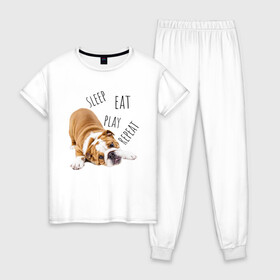 Женская пижама хлопок с принтом Sleep Eat Play Repeat (Бульдог) в Екатеринбурге, 100% хлопок | брюки и футболка прямого кроя, без карманов, на брюках мягкая резинка на поясе и по низу штанин | bulldog | dog | puppy | sleep eat play repeat | английский бульдог | бульдог | бульдог английский | веселая собака | веселый щенок | игривый щенок | мысли с | мысли щенка | рыжая собака | рыжий щенок | собачья жизнь