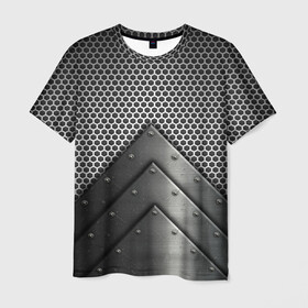 Мужская футболка 3D с принтом Броня металлическая в Екатеринбурге, 100% полиэфир | прямой крой, круглый вырез горловины, длина до линии бедер | абстракция | броня | геометрия | железо | кольчуга | конус | круги | линии | металл | полосы | сетка | сталь | текстура | треугольник