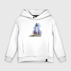 Детское худи Oversize хлопок с принтом Crisp Point Lighthouse в Екатеринбурге, френч-терри — 70% хлопок, 30% полиэстер. Мягкий теплый начес внутри —100% хлопок | боковые карманы, эластичные манжеты и нижняя кромка, капюшон на магнитной кнопке | Тематика изображения на принте: art | katie batz | lighthouse | достопримечательности | маяк | море | отдых | пляж | туристы