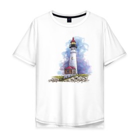 Мужская футболка хлопок Oversize с принтом Crisp Point Lighthouse в Екатеринбурге, 100% хлопок | свободный крой, круглый ворот, “спинка” длиннее передней части | art | katie batz | lighthouse | достопримечательности | маяк | море | отдых | пляж | туристы