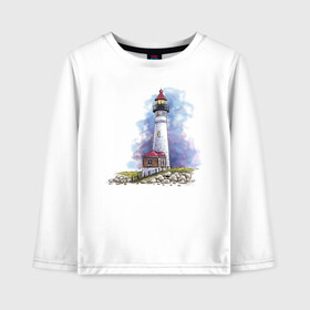 Детский лонгслив хлопок с принтом Crisp Point Lighthouse в Екатеринбурге, 100% хлопок | круглый вырез горловины, полуприлегающий силуэт, длина до линии бедер | Тематика изображения на принте: art | katie batz | lighthouse | достопримечательности | маяк | море | отдых | пляж | туристы