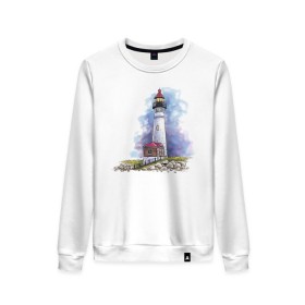 Женский свитшот хлопок с принтом Crisp Point Lighthouse в Екатеринбурге, 100% хлопок | прямой крой, круглый вырез, на манжетах и по низу широкая трикотажная резинка  | art | katie batz | lighthouse | достопримечательности | маяк | море | отдых | пляж | туристы