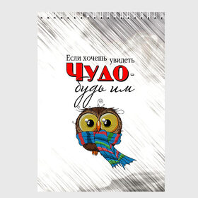 Скетчбук с принтом Чудо в Екатеринбурге, 100% бумага
 | 48 листов, плотность листов — 100 г/м2, плотность картонной обложки — 250 г/м2. Листы скреплены сверху удобной пружинной спиралью | Тематика изображения на принте: если хочешь увидеть чудо будь им | милота | сова | совёнок | чудо