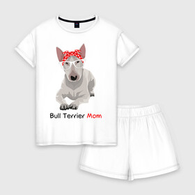 Женская пижама с шортиками хлопок с принтом Bull terrier Mom в Екатеринбурге, 100% хлопок | футболка прямого кроя, шорты свободные с широкой мягкой резинкой | бультерьер | собака | собачник
