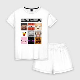 Женская пижама с шортиками хлопок с принтом MINECRAFT в Екатеринбурге, 100% хлопок | футболка прямого кроя, шорты свободные с широкой мягкой резинкой | block | creeper | cube | minecraft | pixel | блок | геометрия | крафт | крипер | кубики | майнкрафт | пиксели