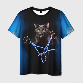 Мужская футболка 3D с принтом Грозовой кошак(громовержец) в Екатеринбурге, 100% полиэфир | прямой крой, круглый вырез горловины, длина до линии бедер | грозовой | громовержец | кот | кошак | молнии | разряды | черный