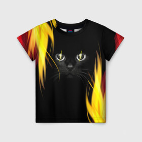 Детская футболка 3D с принтом Грозовой кошак в Екатеринбурге, 100% гипоаллергенный полиэфир | прямой крой, круглый вырез горловины, длина до линии бедер, чуть спущенное плечо, ткань немного тянется | глаза | грозовой | кот | кошак | молнии | пламя | разряды | черный