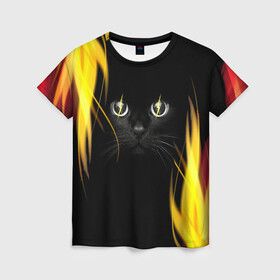 Женская футболка 3D с принтом Грозовой кошак в Екатеринбурге, 100% полиэфир ( синтетическое хлопкоподобное полотно) | прямой крой, круглый вырез горловины, длина до линии бедер | глаза | грозовой | кот | кошак | молнии | пламя | разряды | черный
