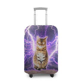 Чехол для чемодана 3D с принтом Котушка Теслы в Екатеринбурге, 86% полиэфир, 14% спандекс | двустороннее нанесение принта, прорези для ручек и колес | cat | lightning | lightning cat | tesla | арт с котом | грозовой кошак | катушка теслы | кот | кот мем | котейка | котушка теслы | котяра | кошак | кошка | мем с котом | молнии | тесла