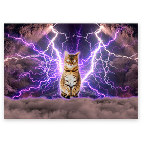 Поздравительная открытка с принтом Котушка Теслы в Екатеринбурге, 100% бумага | плотность бумаги 280 г/м2, матовая, на обратной стороне линовка и место для марки
 | cat | lightning | lightning cat | tesla | арт с котом | грозовой кошак | катушка теслы | кот | кот мем | котейка | котушка теслы | котяра | кошак | кошка | мем с котом | молнии | тесла
