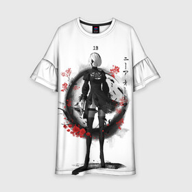 Детское платье 3D с принтом 2B Ink Sakura dawn в Екатеринбурге, 100% полиэстер | прямой силуэт, чуть расширенный к низу. Круглая горловина, на рукавах — воланы | 2a | 2b | 9s | andoird | ink | japanese | kanji | nier automata | nuar | sakura | yohra | андроид | кандзи | нуар | сакура | чернила | япония