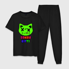 Мужская пижама хлопок с принтом Zombie Kitty в Екатеринбурге, 100% хлопок | брюки и футболка прямого кроя, без карманов, на брюках мягкая резинка на поясе и по низу штанин
 | Тематика изображения на принте: зомби | каваи | кислота | кот | котик | кошка | милый | монстр | пиксельный арт | радуга | яркий