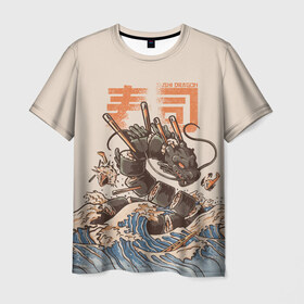 Мужская футболка 3D с принтом Sushi dragon в Екатеринбурге, 100% полиэфир | прямой крой, круглый вырез горловины, длина до линии бедер | Тематика изображения на принте: волны | дракон | суши | суши дракон | японские волны | японский дракон