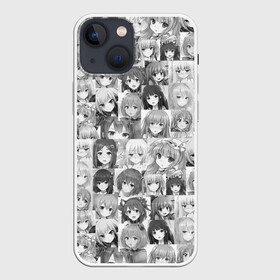 Чехол для iPhone 13 mini с принтом MANY FACES OF ANIME GIRLS monochrome в Екатеринбурге,  |  | anime | аниме | арт | девушки | манга | мультик | мультфильм | тян