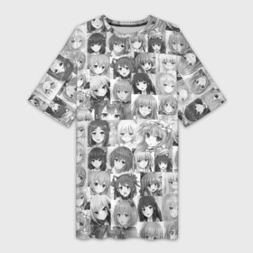 Платье-футболка 3D с принтом MANY FACES OF ANIME GIRLS monochrome в Екатеринбурге,  |  | anime | аниме | арт | девушки | манга | мультик | мультфильм | тян