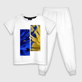 Детская пижама хлопок с принтом Украинский акцент в Екатеринбурге, 100% хлопок |  брюки и футболка прямого кроя, без карманов, на брюках мягкая резинка на поясе и по низу штанин
 | жёлтый | намёк | пионы | синий | украина | украинский флаг | флаг | цвет | цвет флага | цветы