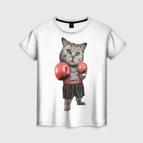 Женская футболка 3D с принтом Кот боксёр  в Екатеринбурге, 100% полиэфир ( синтетическое хлопкоподобное полотно) | прямой крой, круглый вырез горловины, длина до линии бедер | арт | животные | искусство | картинка | рисунок