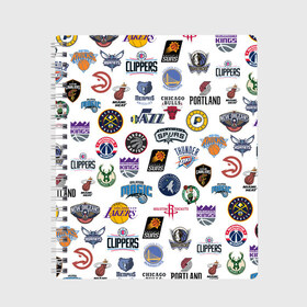 Тетрадь с принтом NBA Pattern в Екатеринбурге, 100% бумага | 48 листов, плотность листов — 60 г/м2, плотность картонной обложки — 250 г/м2. Листы скреплены сбоку удобной пружинной спиралью. Уголки страниц и обложки скругленные. Цвет линий — светло-серый
 | basketball | boston celtics | brooklyn nets | nba | new york knicks | philadel | toronto raptors | баскетбол | бостон селтикс | бруклин нетс | нба | нью йорк никс | спорт | торонто рэпторс | филадельфия 76ерс