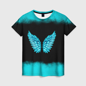 Женская футболка 3D с принтом Крылья Ангела в Екатеринбурге, 100% полиэфир ( синтетическое хлопкоподобное полотно) | прямой крой, круглый вырез горловины, длина до линии бедер | angel | neon | ангел | дым | космос | крылья | небо | неон | неоновый | облака | перья | птица | свет | текстура | туман | яркий