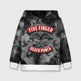 Детская толстовка 3D с принтом Five Finger Death Punch в Екатеринбурге, 100% полиэстер | двухслойный капюшон со шнурком для регулировки, мягкие манжеты на рукавах и по низу толстовки, спереди карман-кенгуру с мягким внутренним слоем | Тематика изображения на принте: 5fdp | death | ffdp | finger | five | five finger death punch | punch | грув метал