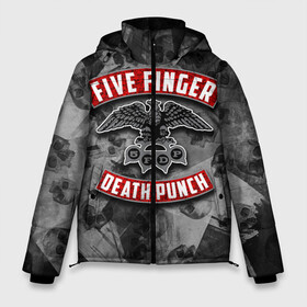 Мужская зимняя куртка 3D с принтом Five Finger Death Punch в Екатеринбурге, верх — 100% полиэстер; подкладка — 100% полиэстер; утеплитель — 100% полиэстер | длина ниже бедра, свободный силуэт Оверсайз. Есть воротник-стойка, отстегивающийся капюшон и ветрозащитная планка. 

Боковые карманы с листочкой на кнопках и внутренний карман на молнии. | Тематика изображения на принте: 5fdp | death | ffdp | finger | five | five finger death punch | punch | грув метал