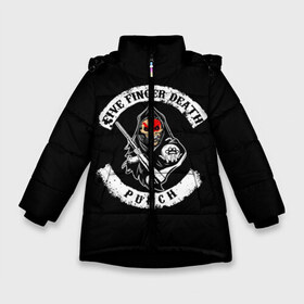 Зимняя куртка для девочек 3D с принтом Five Finger Death Punch в Екатеринбурге, ткань верха — 100% полиэстер; подклад — 100% полиэстер, утеплитель — 100% полиэстер. | длина ниже бедра, удлиненная спинка, воротник стойка и отстегивающийся капюшон. Есть боковые карманы с листочкой на кнопках, утяжки по низу изделия и внутренний карман на молнии. 

Предусмотрены светоотражающий принт на спинке, радужный светоотражающий элемент на пуллере молнии и на резинке для утяжки. | 5fdp | death | ffdp | finger | five | five finger death punch | punch | грув метал