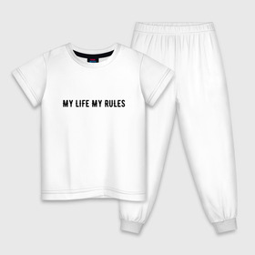 Детская пижама хлопок с принтом MY LIFE MY RULES в Екатеринбурге, 100% хлопок |  брюки и футболка прямого кроя, без карманов, на брюках мягкая резинка на поясе и по низу штанин
 | Тематика изображения на принте: life | my | rules | жизнь | знаменитая | минимализм | мои | моя | на | надпись | правила | простая | цитата