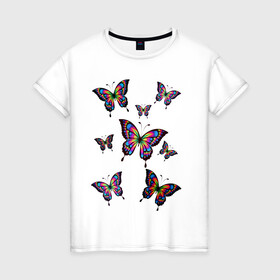 Женская футболка хлопок с принтом Бабочки в Екатеринбурге, 100% хлопок | прямой крой, круглый вырез горловины, длина до линии бедер, слегка спущенное плечо | бабочка | весна | девушкам | красота | лето | мотылек | разноцветная бабочка | цветная