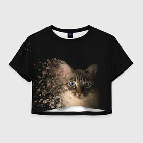 Женская футболка Crop-top 3D с принтом Disintegrating Cat в Екатеринбурге, 100% полиэстер | круглая горловина, длина футболки до линии талии, рукава с отворотами | Тематика изображения на принте: cat | азулес | атомный кот | голубоглазая кошка | голубоглазый кот | голубоглазый котик | кот | кот к | кот распадающийся на атомы | кот с голубыми глазами | котик | котэ | кошак | кошачий портрет