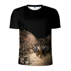 Мужская футболка 3D спортивная с принтом Disintegrating Cat в Екатеринбурге, 100% полиэстер с улучшенными характеристиками | приталенный силуэт, круглая горловина, широкие плечи, сужается к линии бедра | cat | азулес | атомный кот | голубоглазая кошка | голубоглазый кот | голубоглазый котик | кот | кот к | кот распадающийся на атомы | кот с голубыми глазами | котик | котэ | кошак | кошачий портрет