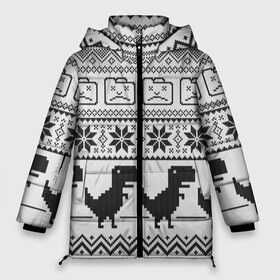 Женская зимняя куртка 3D с принтом Свитер с T-rexами в Екатеринбурге, верх — 100% полиэстер; подкладка — 100% полиэстер; утеплитель — 100% полиэстер | длина ниже бедра, силуэт Оверсайз. Есть воротник-стойка, отстегивающийся капюшон и ветрозащитная планка. 

Боковые карманы с листочкой на кнопках и внутренний карман на молнии | game | t rex | арнамент | бабушке | бежит | браузер | внуку | вязаный | вязь | гугл | девушке | дед | дочке | женщине | игры | интернет | любим | маме | мужчине | п | папе | парню | пиксель | подарок | свитер