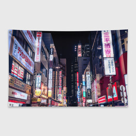 Флаг-баннер с принтом Ночной Токио в Екатеринбурге, 100% полиэстер | размер 67 х 109 см, плотность ткани — 95 г/м2; по краям флага есть четыре люверса для крепления | город | города | дома | здания | иероглифы | надписи | небо | неон | ночь | огни | страны | сумерки | улица | фонари | япония