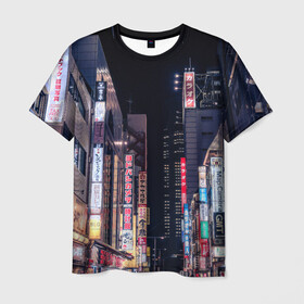 Мужская футболка 3D с принтом Ночной Токио в Екатеринбурге, 100% полиэфир | прямой крой, круглый вырез горловины, длина до линии бедер | город | города | дома | здания | иероглифы | надписи | небо | неон | ночь | огни | страны | сумерки | улица | фонари | япония