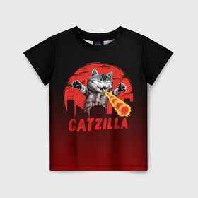 Детская футболка 3D с принтом CATZILLA в Екатеринбурге, 100% гипоаллергенный полиэфир | прямой крой, круглый вырез горловины, длина до линии бедер, чуть спущенное плечо, ткань немного тянется | Тематика изображения на принте: catzilla | годзилла | кот | котик | кошка | кэтзилла | мимими | прикол | прикольная