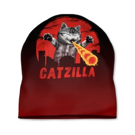 Шапка 3D с принтом CATZILLA в Екатеринбурге, 100% полиэстер | универсальный размер, печать по всей поверхности изделия | Тематика изображения на принте: catzilla | годзилла | кот | котик | кошка | кэтзилла | мимими | прикол | прикольная