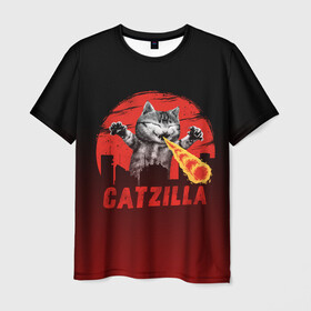 Мужская футболка 3D с принтом CATZILLA в Екатеринбурге, 100% полиэфир | прямой крой, круглый вырез горловины, длина до линии бедер | catzilla | годзилла | кот | котик | кошка | кэтзилла | мимими | прикол | прикольная