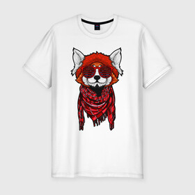 Мужская футболка хлопок Slim с принтом Красная панда в Екатеринбурге, 92% хлопок, 8% лайкра | приталенный силуэт, круглый вырез ворота, длина до линии бедра, короткий рукав | cool | cute | fashion | panda | red | в очках | забавная | красная | крутая | милая | модная | очки | панда | пандарен | пандочка | пандочки | панды | смешная | солнечные очки | улыбается